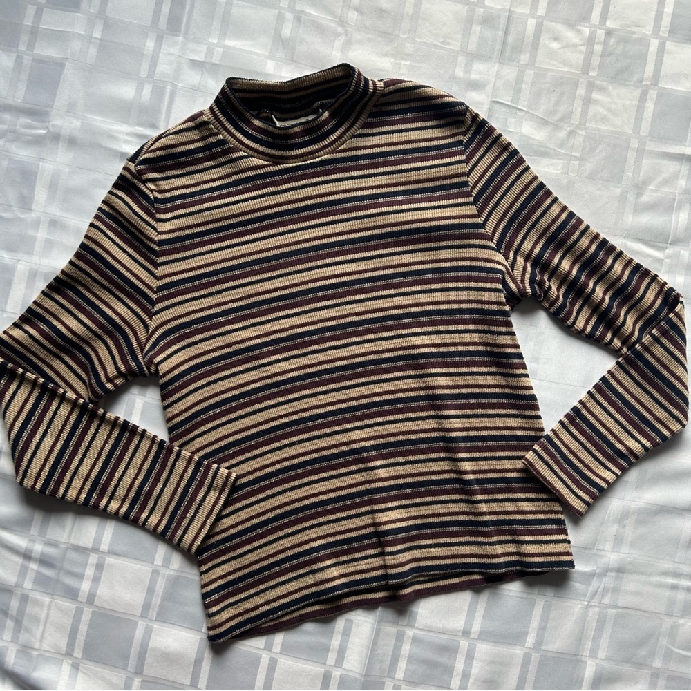 Proportion Petite Striped Long Sleeve Mock-neck Top with Metallic Thread Detail